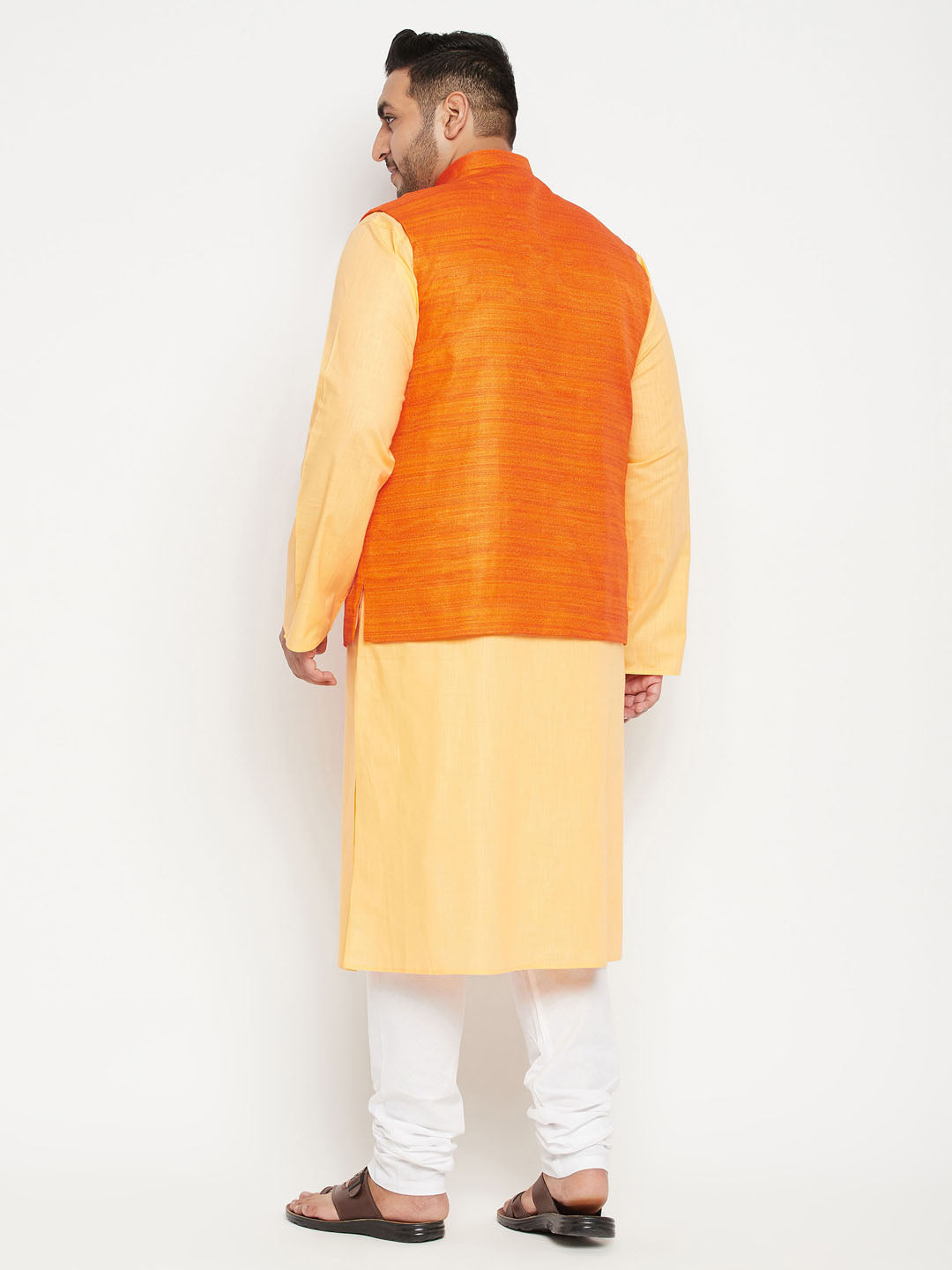 Men's Plus Size Fawn And Orange Cotton Blend Jacket Kurta Pyjama Set
