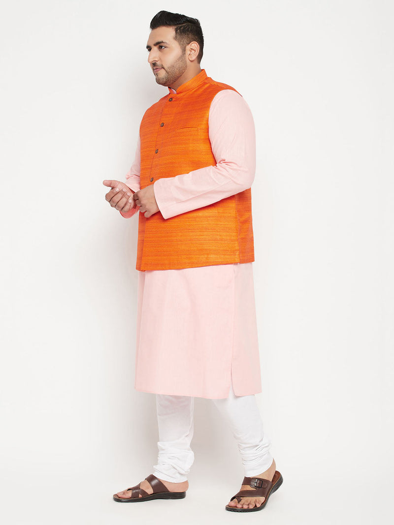 Plus Men's Pink Kurta And White Pyjama With Orange Nehru Jacket Set