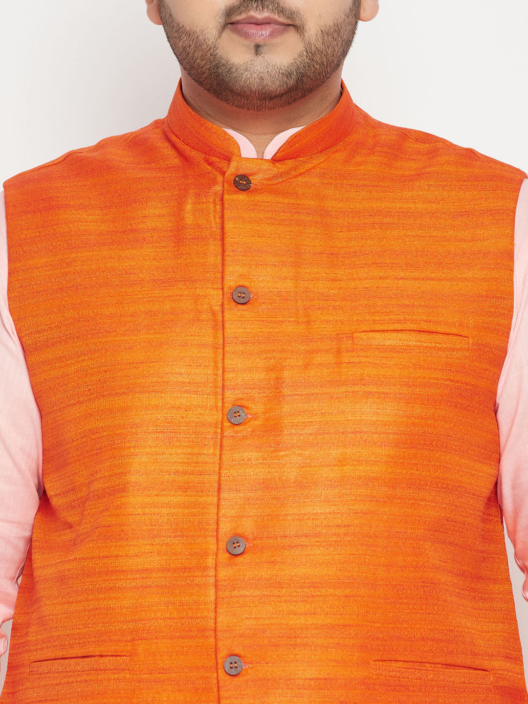 Plus Men's Pink Kurta And White Pyjama With Orange Nehru Jacket Set