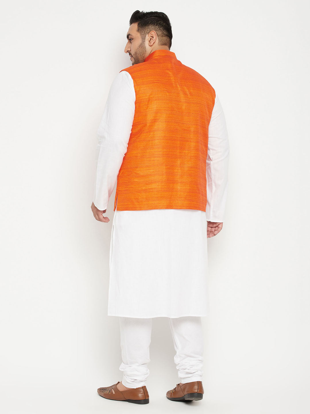 Men's Plus Size White And Orange Cotton Blend Jacket Kurta Pyjama Set
