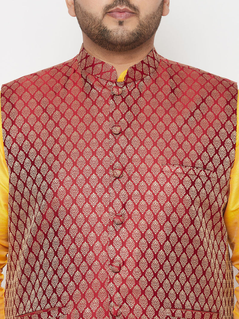 Plus Men's Maroon Nehru Jacket With Yellow Kurta And Maroon Dhoti Set