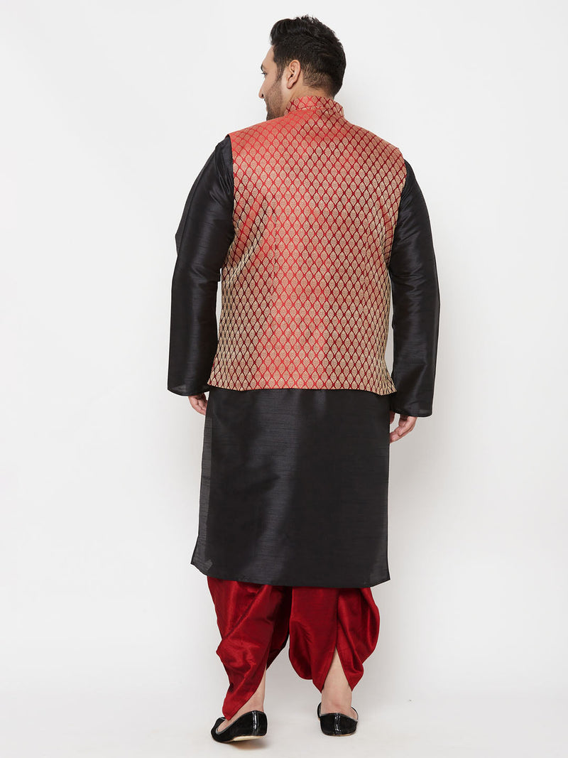 Plus Men's Maroon Nehru Jacket With Black Kurta And Maroon Dhoti Set