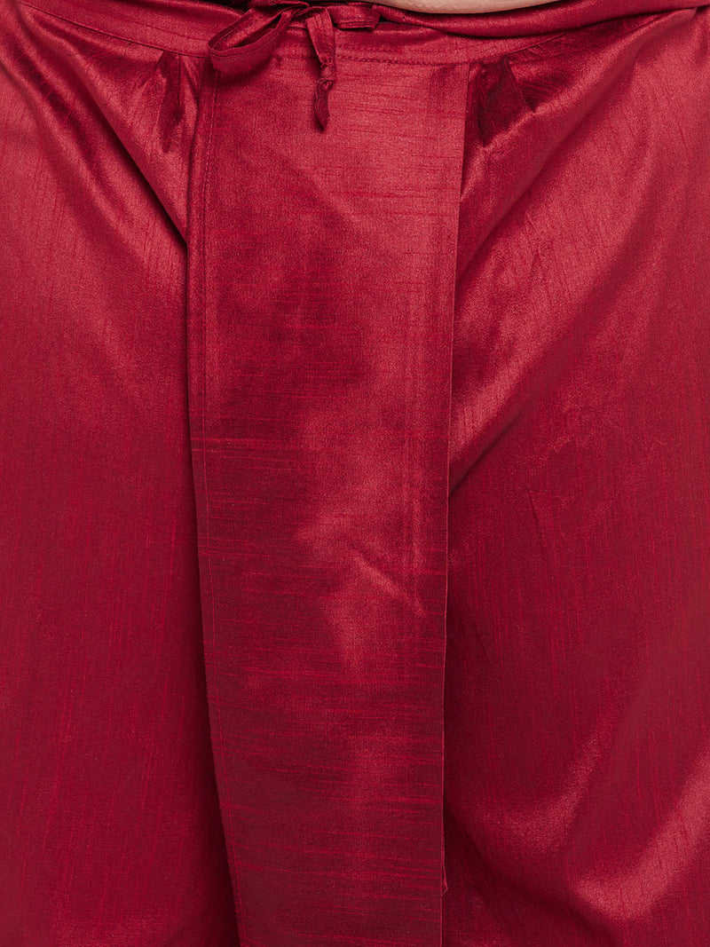 Plus Men's Maroon Nehru Jacket With Gold Kurta And Maroon Dhoti Set