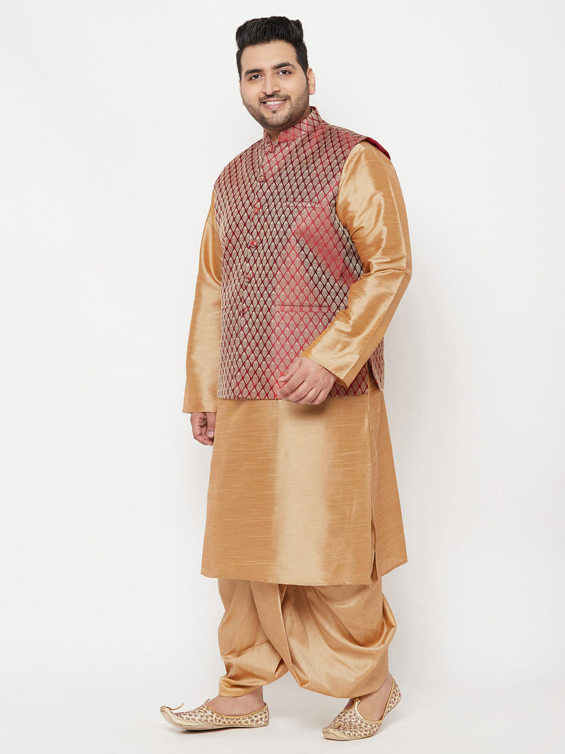 Plus Men's Maroon Nehru Jacket With Rose Gold Kurta And Dhoti Set