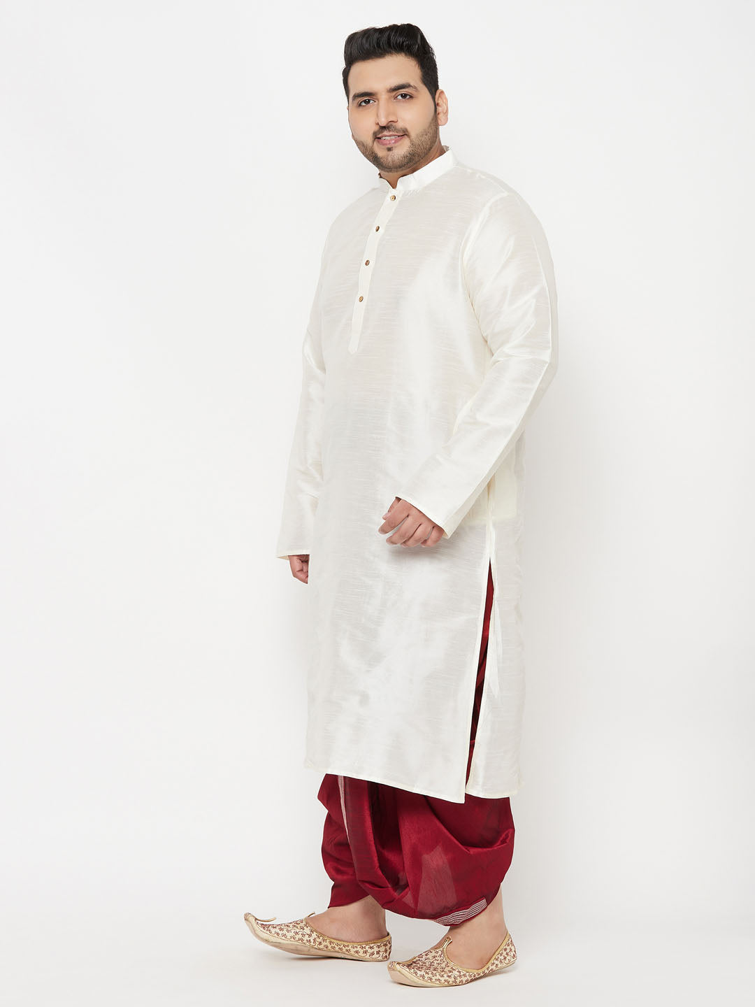 Men's Plus Size Cream Silk Blend Kurta Dhoti Set