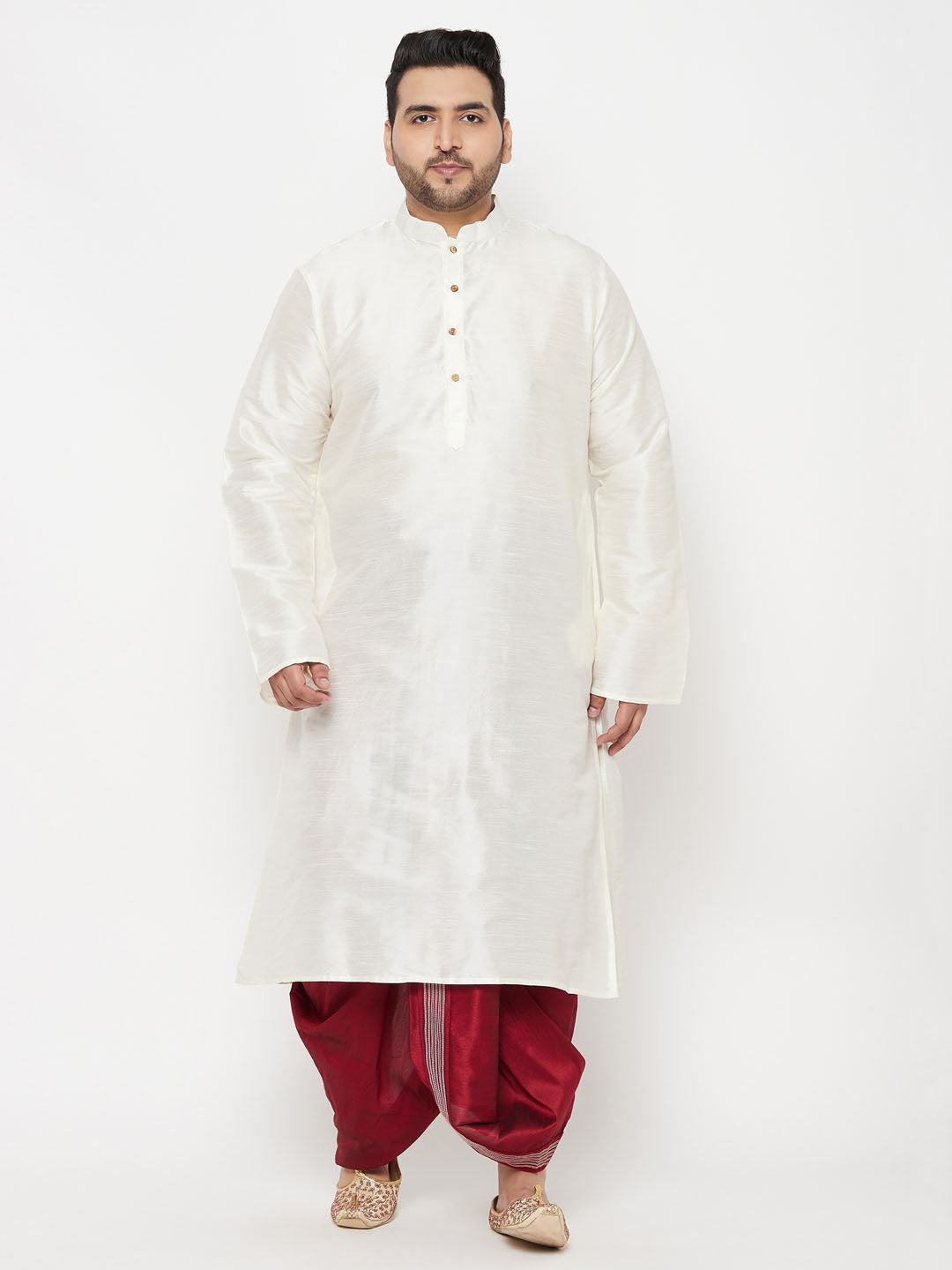 Men's Plus Size Cream Silk Blend Kurta Dhoti Set