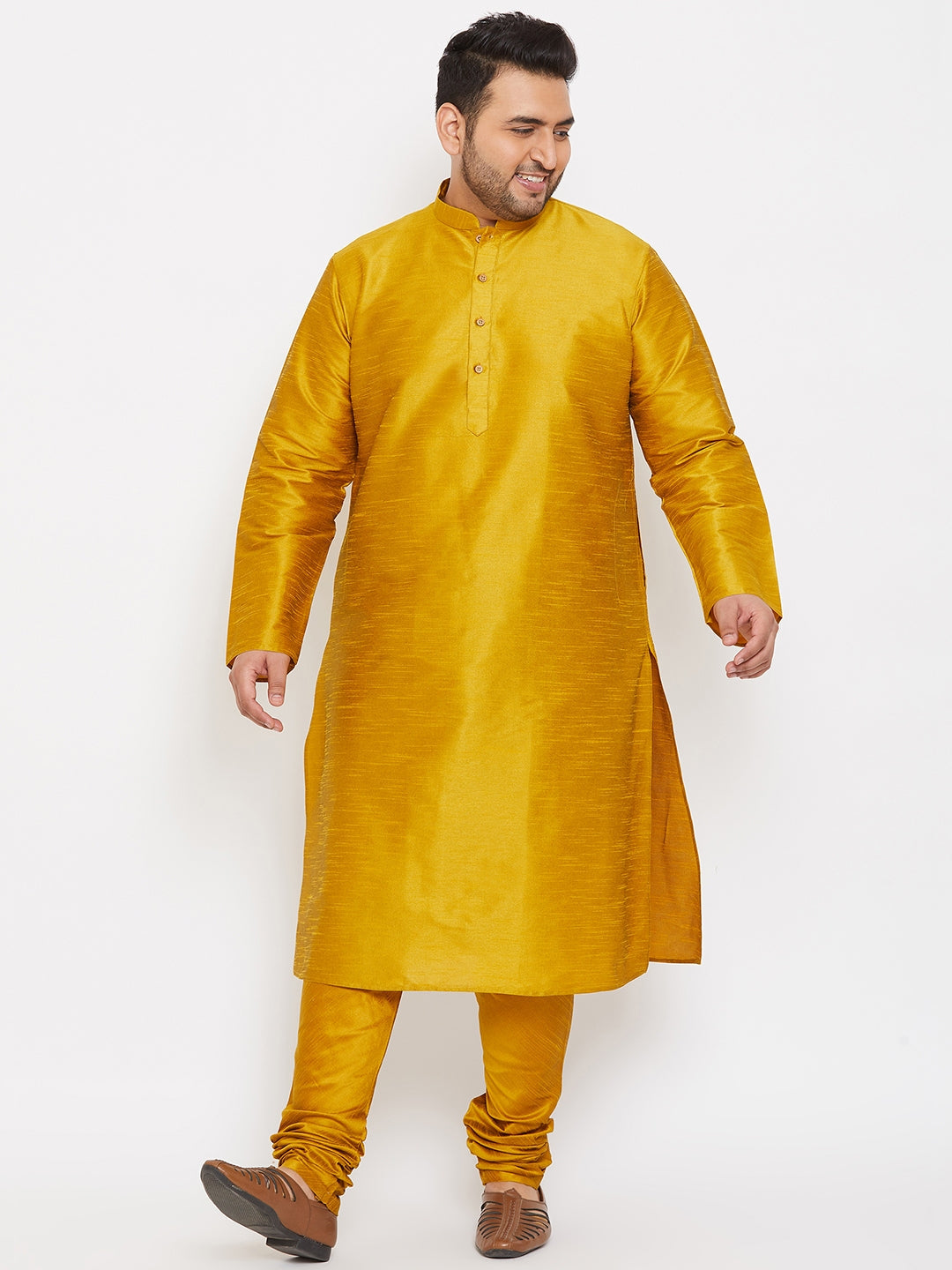 Men's Plus Size Mustard Silk Blend Kurta Pyjama Set