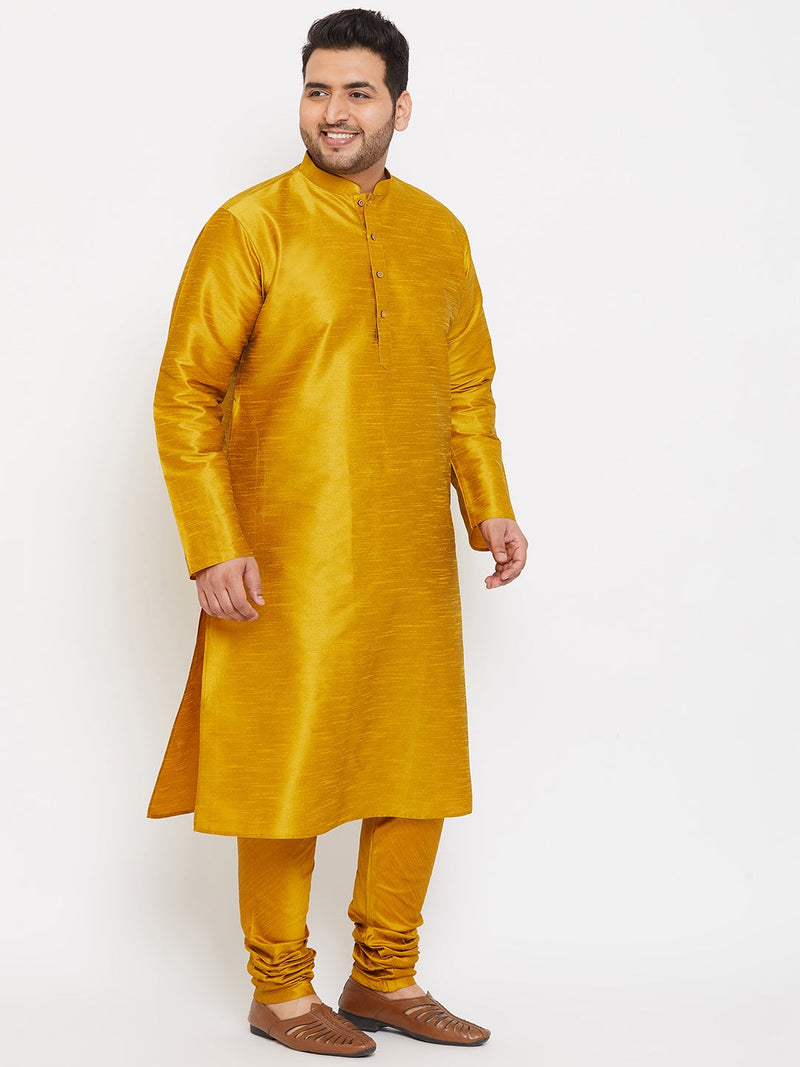 Men's Plus Size Mustard Silk Blend Kurta Pyjama Set