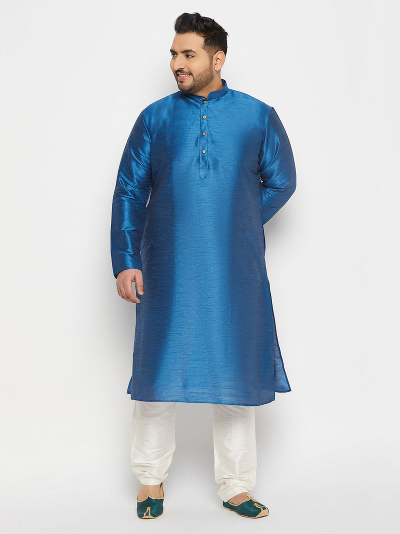 Men's Plus Size Turquoise Blue Silk Blend Kurta Pant Set