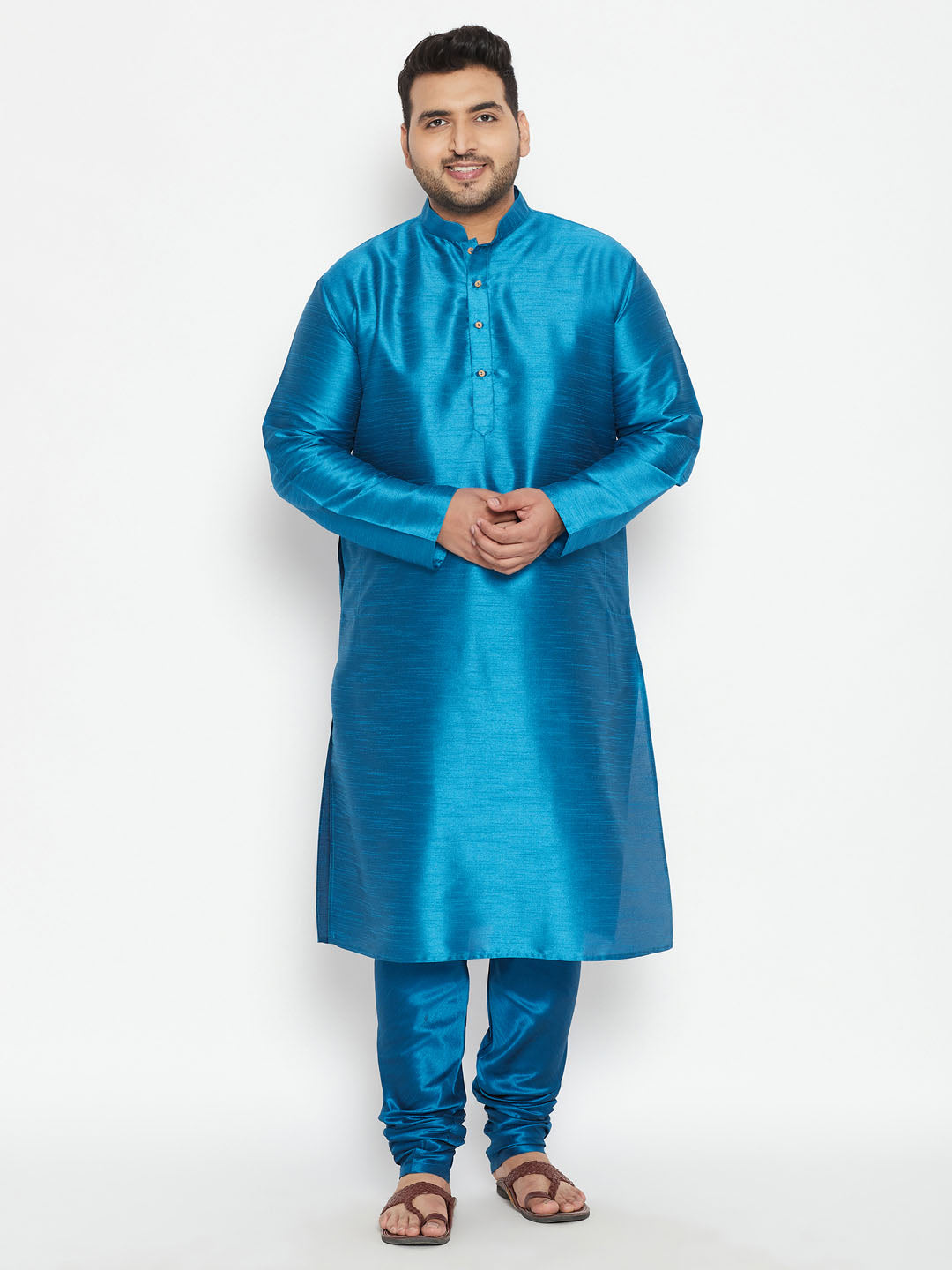 Men's Plus Size Turquoise Silk Blend Kurta Pyjama Set