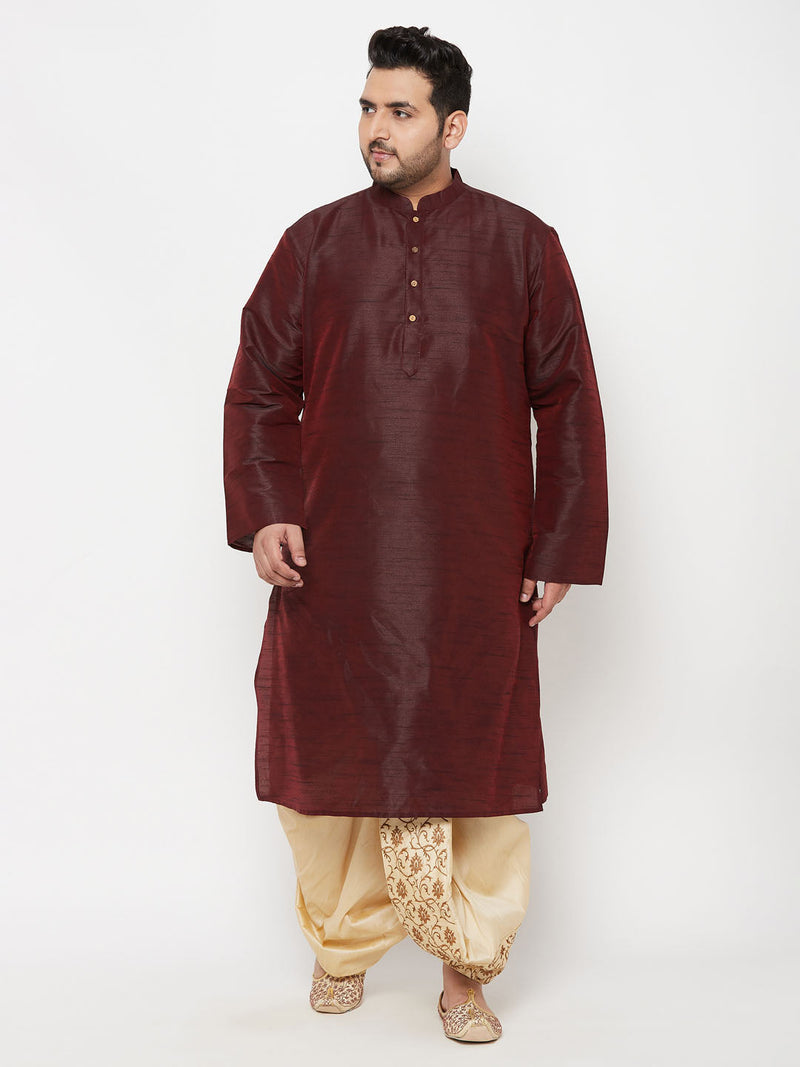 Men's Plus Size Wine Silk Blend Kurta Dhoti Set