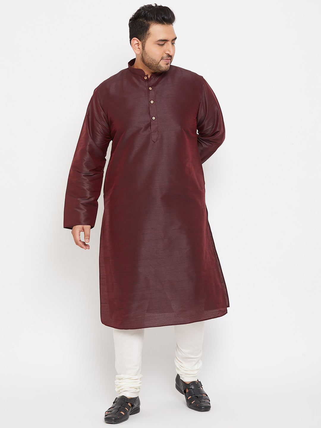 Men's Plus Size Wine Silk Blend Kurta Pyjama Set