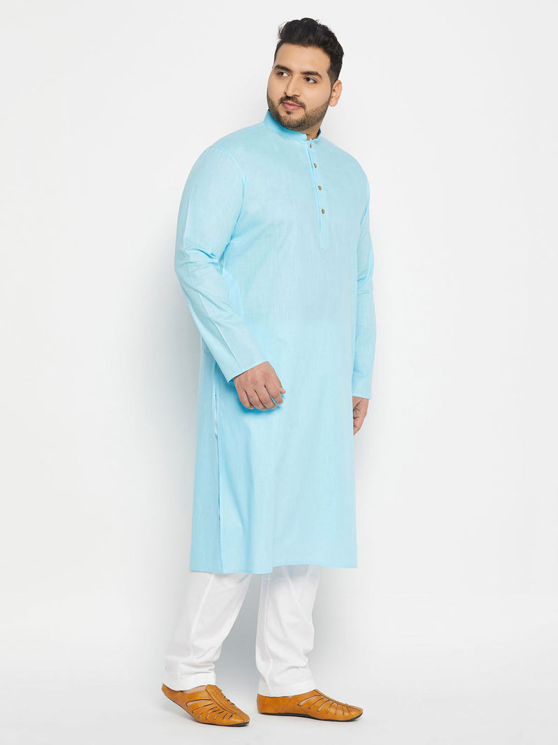 Men's Plus Size Aqua Blue Cotton Kurta And Cotton Pant Style Pyjama Set