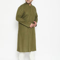 Men's Plus Size Mehendi Green And Cream Cotton Blend Kurta Pyjama Set