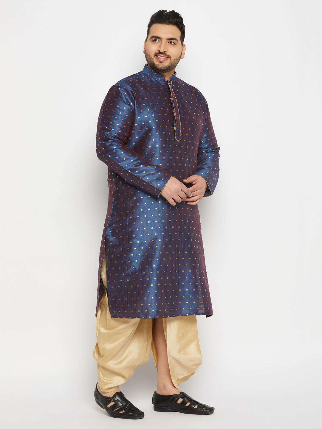 Men's Plus Size Navy Blue Zari Weaved Kurta Dhoti Set
