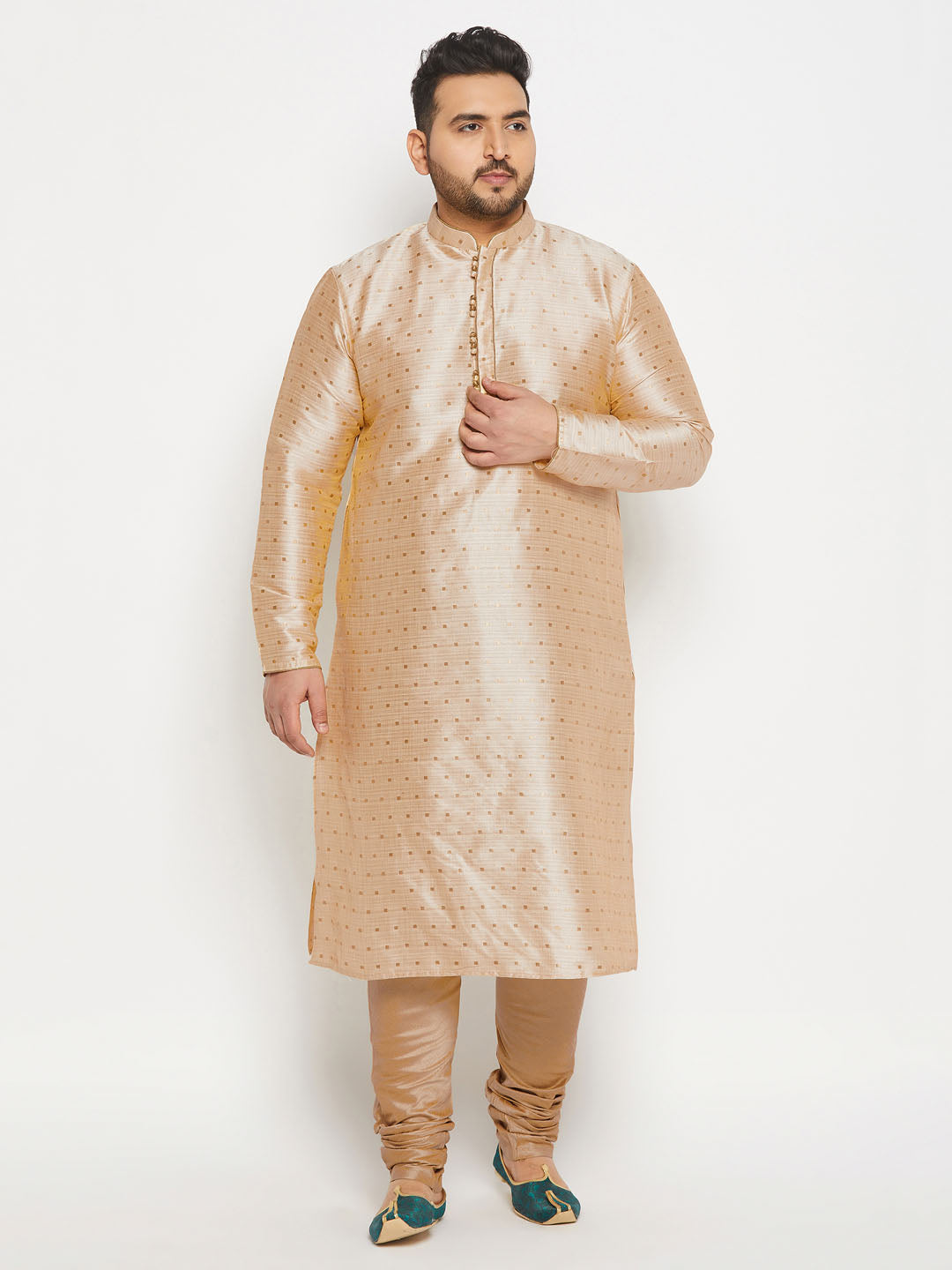 Men's Plus Size Gold Zari Weaved Kurta Pyjama Set