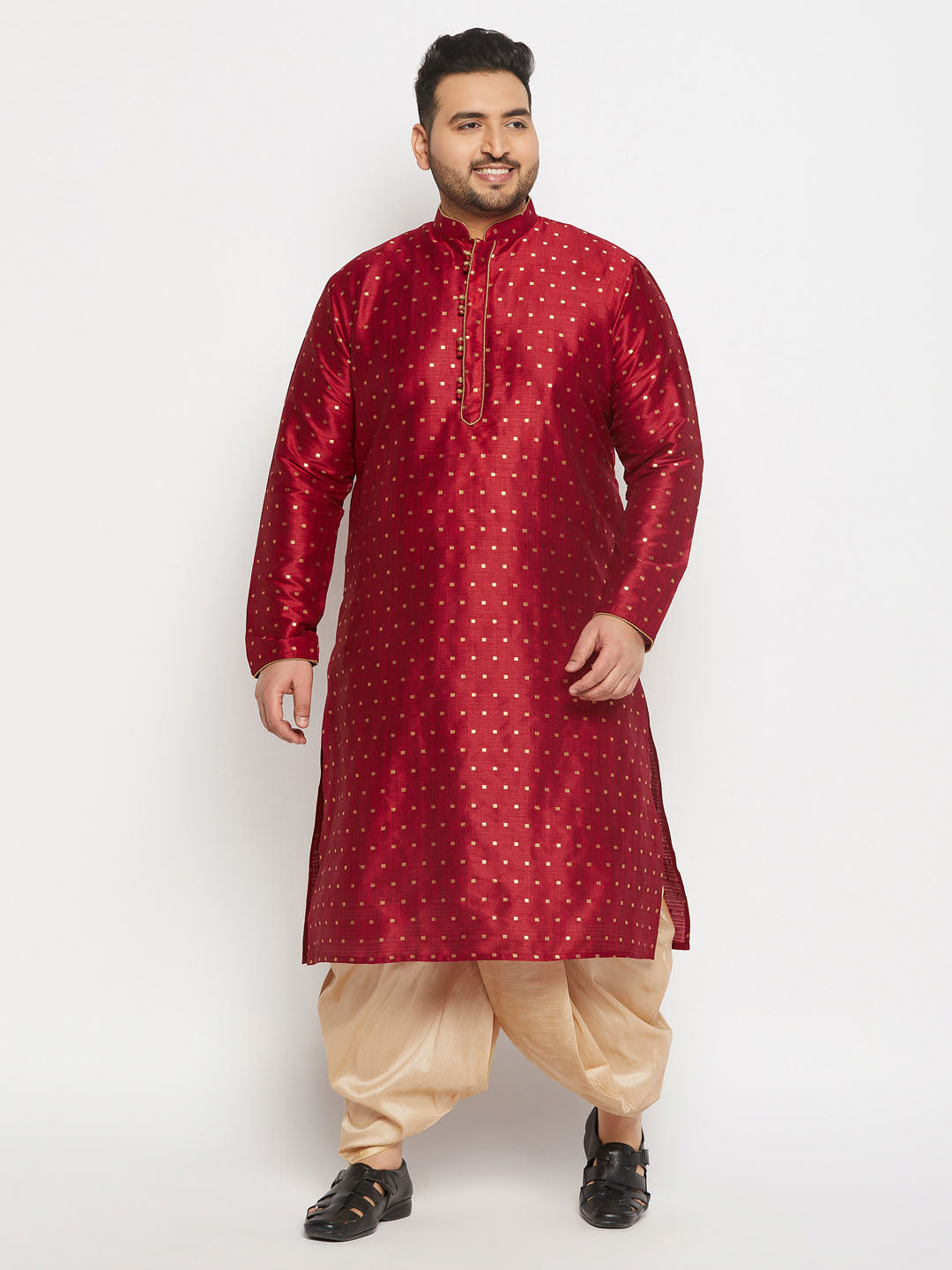 Men's Plus Size Maroon Zari Weaved Kurta Dhoti Set