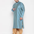 Men's Plus Size Aqua Blue Woven Kurta And Rose Gold Dhoti Set