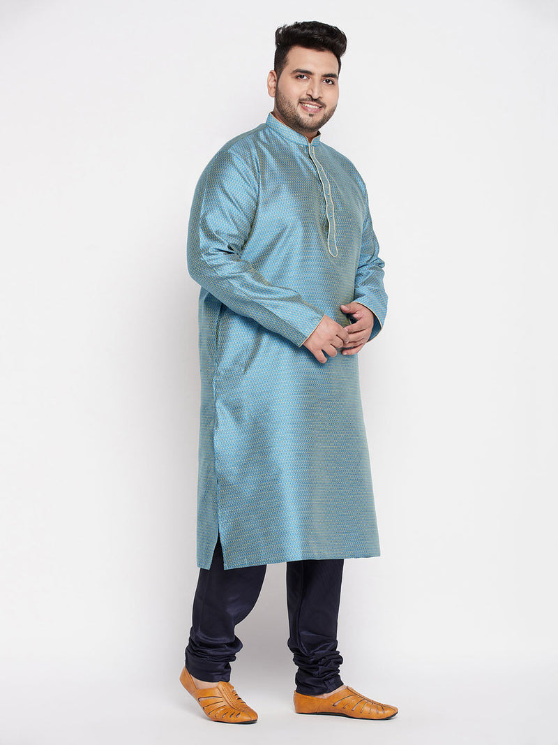 Men's Plus Size Aqua Blue Woven Kurta And Navy Blue Pyjama Set