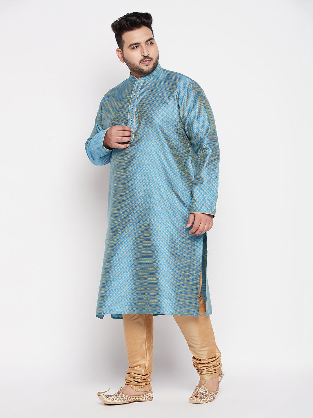 Men's Plus Size Aqua Blue Woven Kurta And Rose Gold Pyjama Set