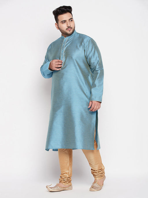 Men's Plus Size Aqua Blue Woven Kurta And Rose Gold Pyjama Set