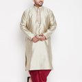 Men's Plus Size Beige Woven Kurta And Maroon Dhoti Set