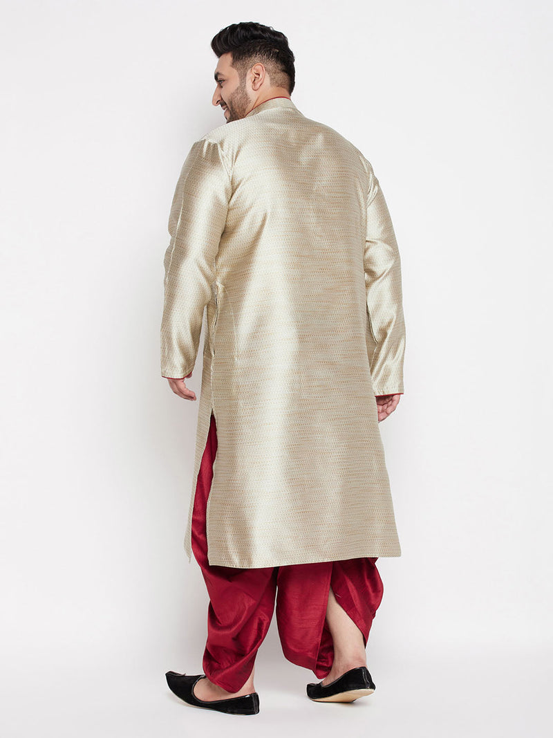 Men's Plus Size Beige Woven Kurta And Maroon Dhoti Set