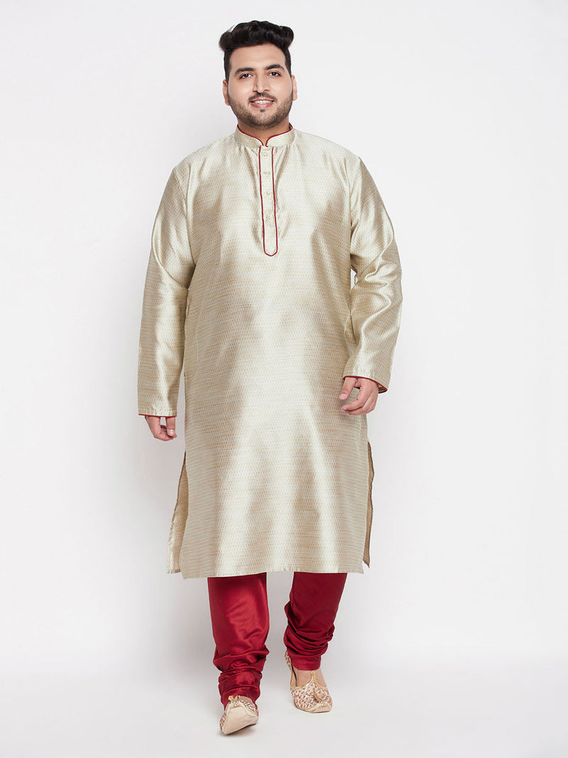 Men's Plus Size Beige Woven Kurta And Maroon Pyjama Set