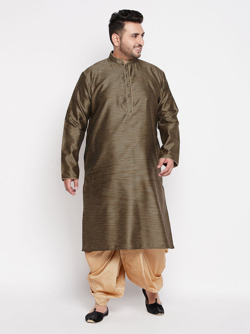 Men's Plus Size Black Woven Kurta And Rose Gold Dhoti Set