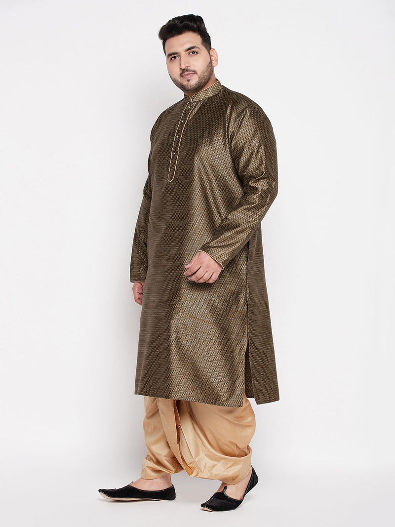 Men's Plus Size Black Woven Kurta And Rose Gold Dhoti Set