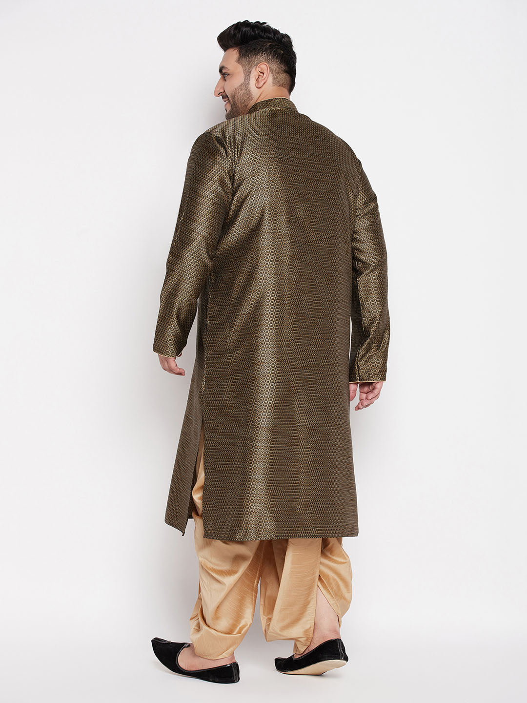 Men's Plus Size Black Woven Kurta And Rose Gold Dhoti Set