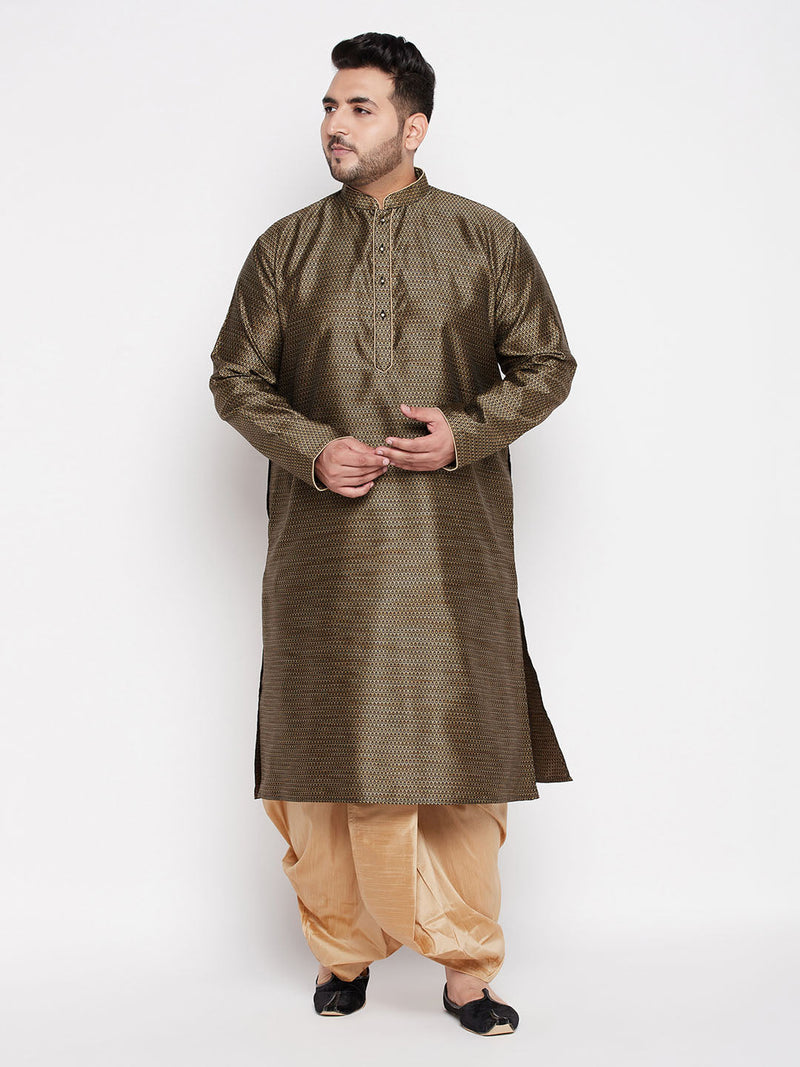 Men's Plus Size Black Woven Kurta And Rose Gold Dhoti Set