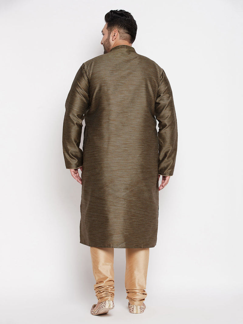 Men's Plus Size Black Woven Kurta And Rose Gold Pyjama Set