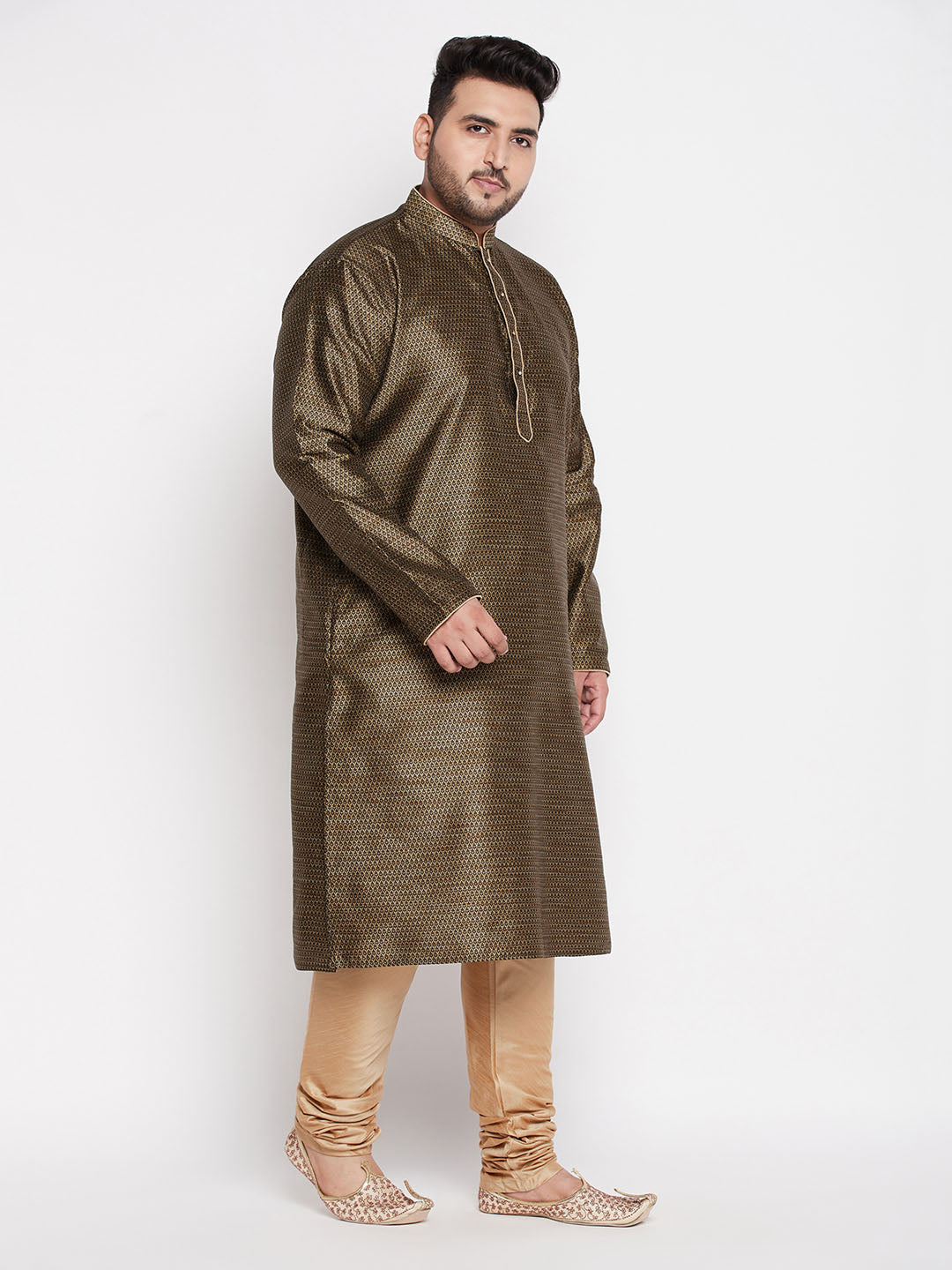 Men's Plus Size Black Woven Kurta And Rose Gold Pyjama Set
