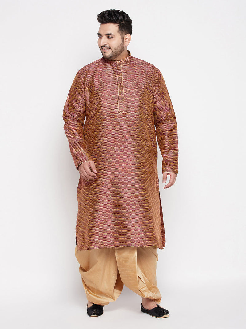 Men's Plus Size Maroon Woven Kurta And Rose Gold Dhoti Set
