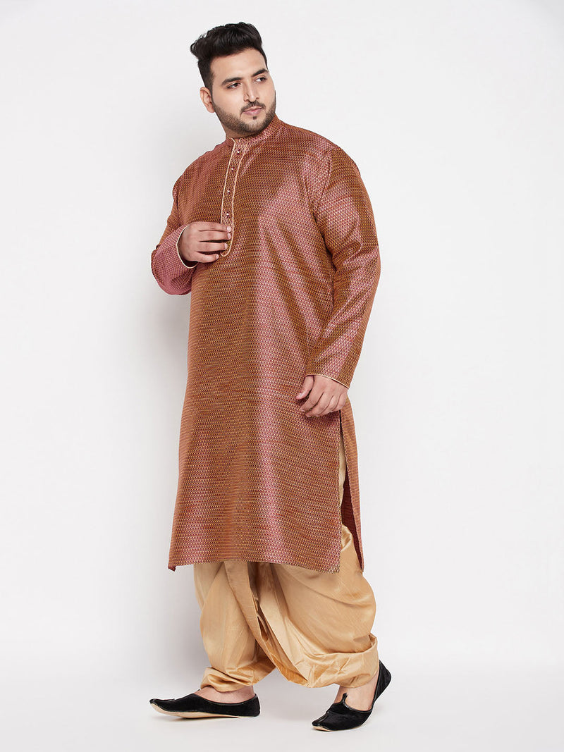 Men's Plus Size Maroon Woven Kurta And Rose Gold Dhoti Set