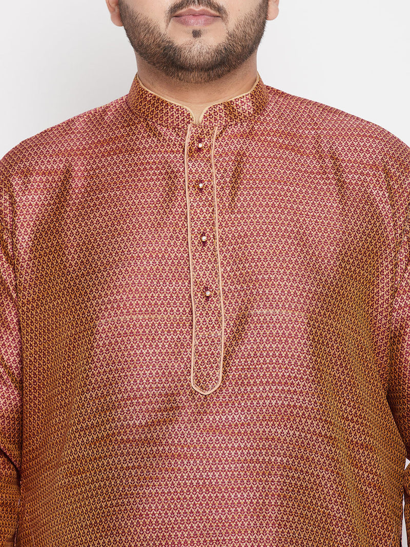 Men's Plus Size Maroon Woven Kurta And Rose Gold Dhoti Set