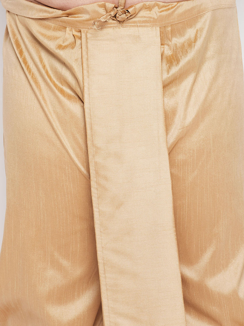 Men's Plus Size Maroon Woven Kurta And Rose Gold Dhoti Set