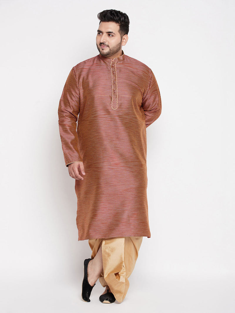 Men's Plus Size Maroon Woven Kurta And Rose Gold Dhoti Set