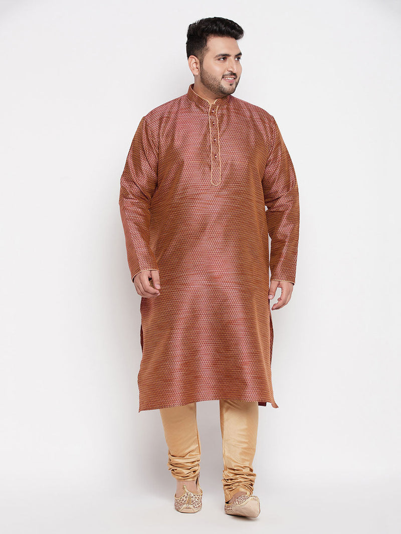 Men's Plus Size Maroon Woven Kurta And Rose Gold Pyjama Set