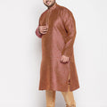 Men's Plus Size Maroon Woven Kurta And Rose Gold Pyjama Set
