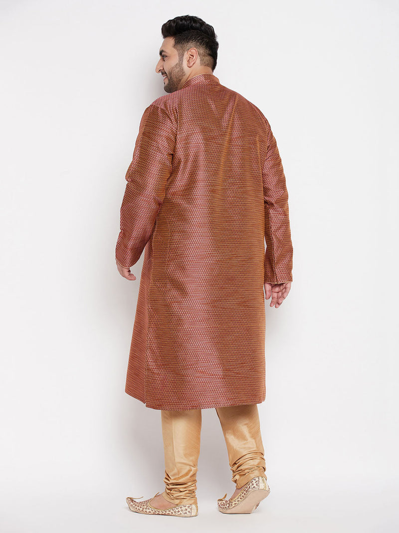 Men's Plus Size Maroon Woven Kurta And Rose Gold Pyjama Set