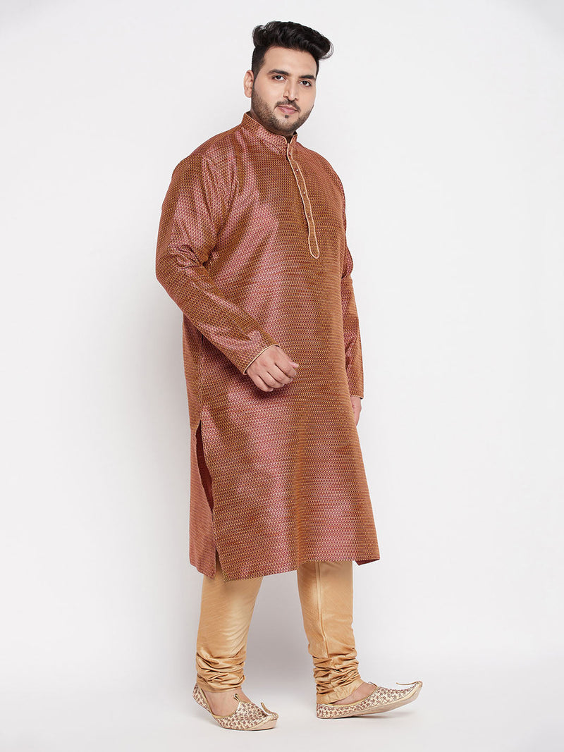 Men's Plus Size Maroon Woven Kurta And Rose Gold Pyjama Set