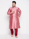 Men's Plus Size Pink Woven Kurta And Maroon Pyjama Set