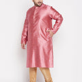 Men's Plus Size Pink Woven Kurta And Rose Gold Pyjama Set