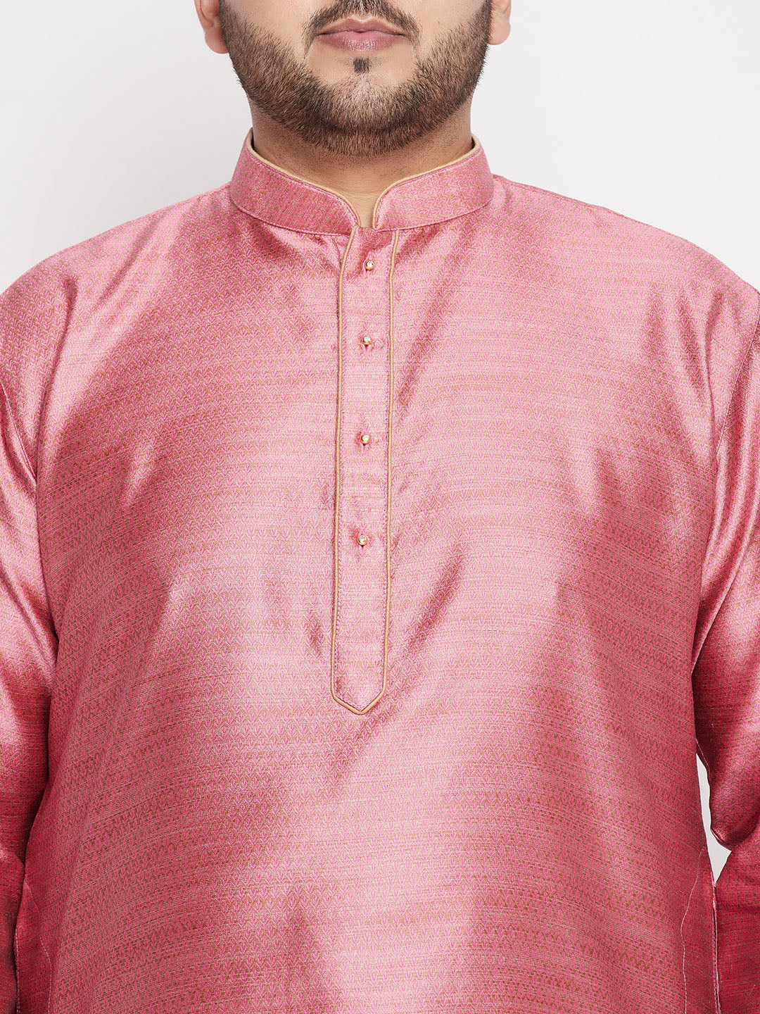 Men's Plus Size Pink Woven Kurta And Rose Gold Pyjama Set