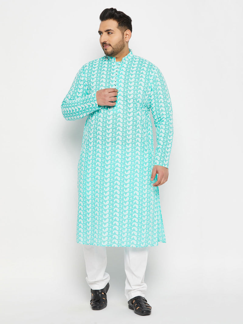 Men's Plus Size Green Chikankari Embroidered Kurta And White Cotton Pant Style Pyjama Set