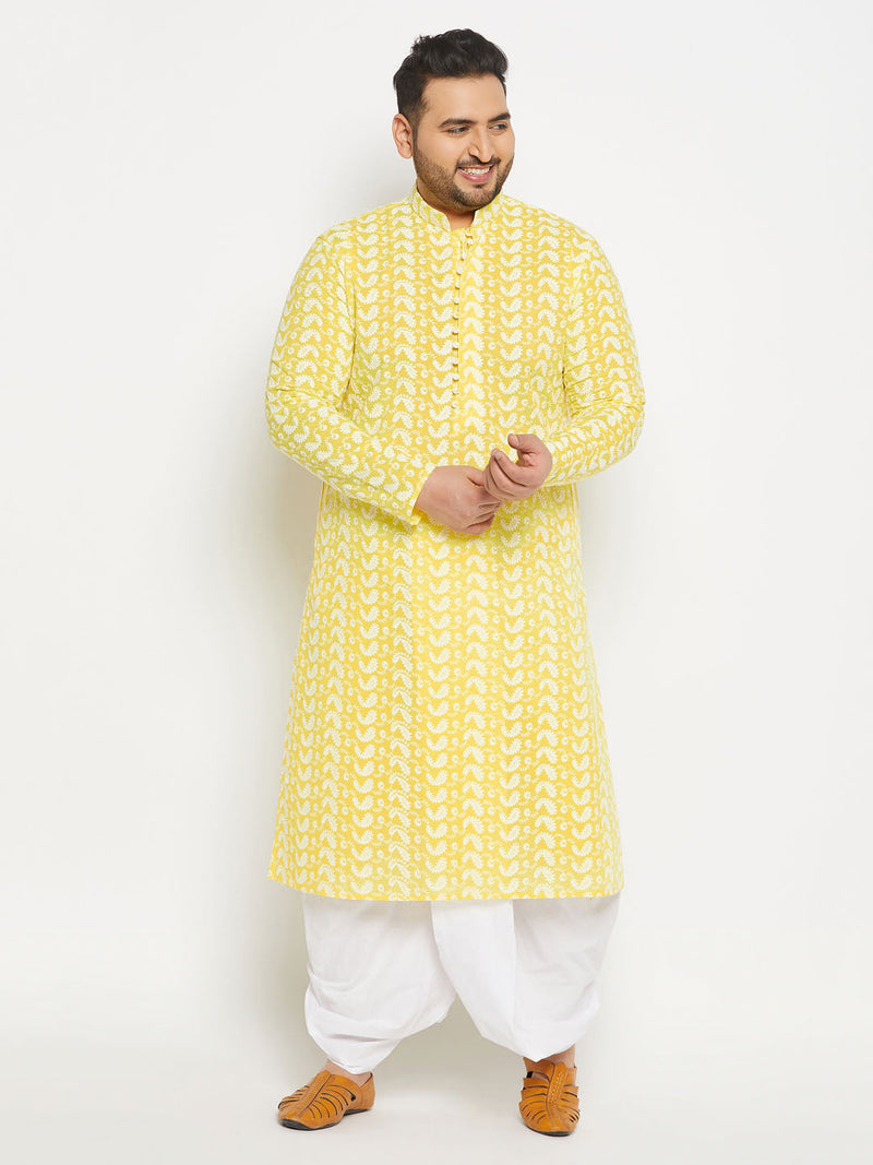 Men's Plus Size Mustard Chikankari Embroidered Kurta And White Dhoti Set