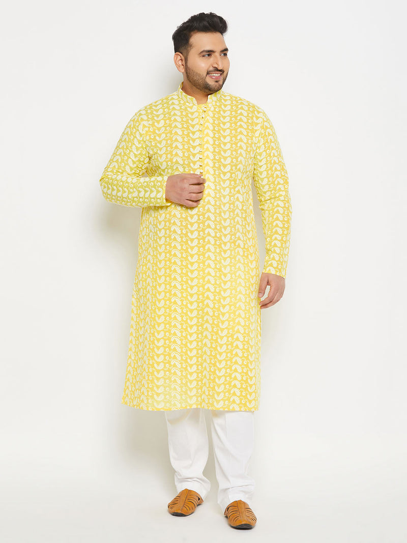 Men's Plus Size Mustard Chikankari Embroidered Kurta And White Cotton Pant Style Pyjama Set