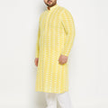 Men's Plus Size Mustard Chikankari Embroidered Kurta And White Cotton Pant Style Pyjama Set